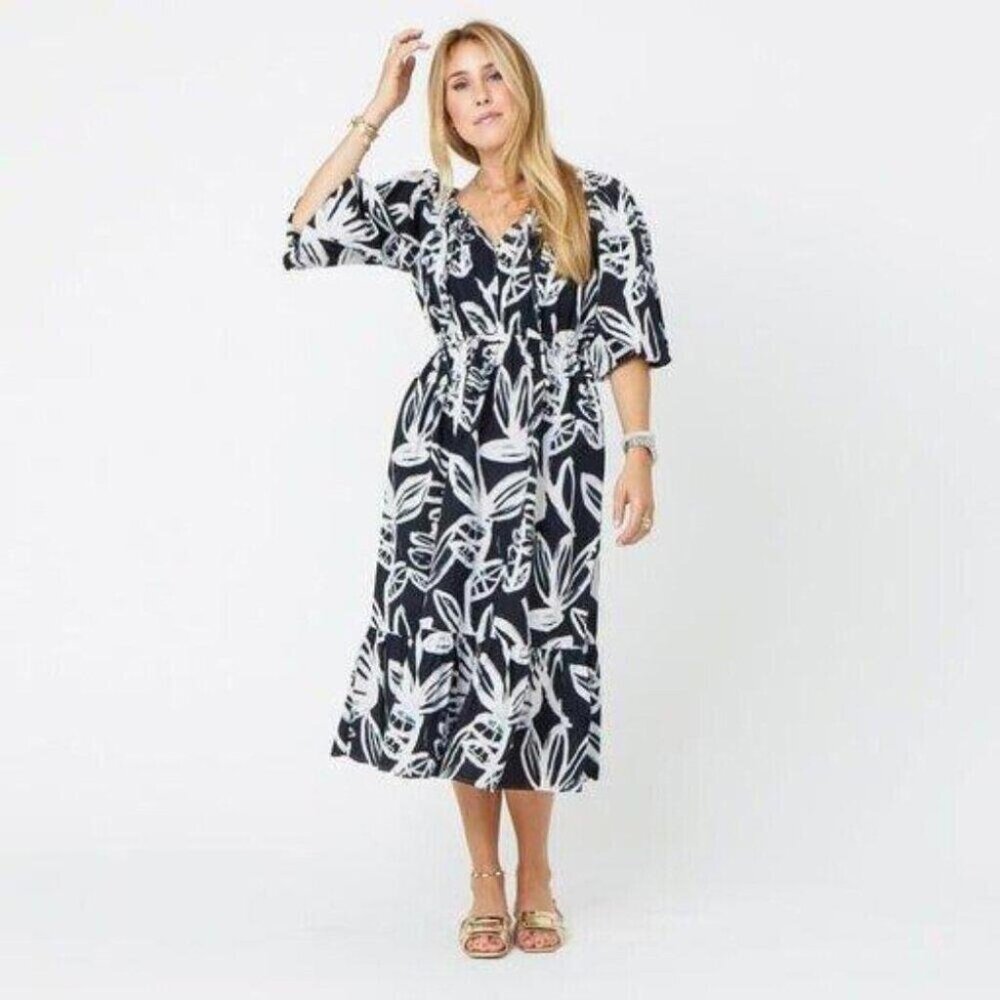 Kerri Rosenthal Harbor Sing Sing Midi Dress Printed Tiered Cotton M NEW